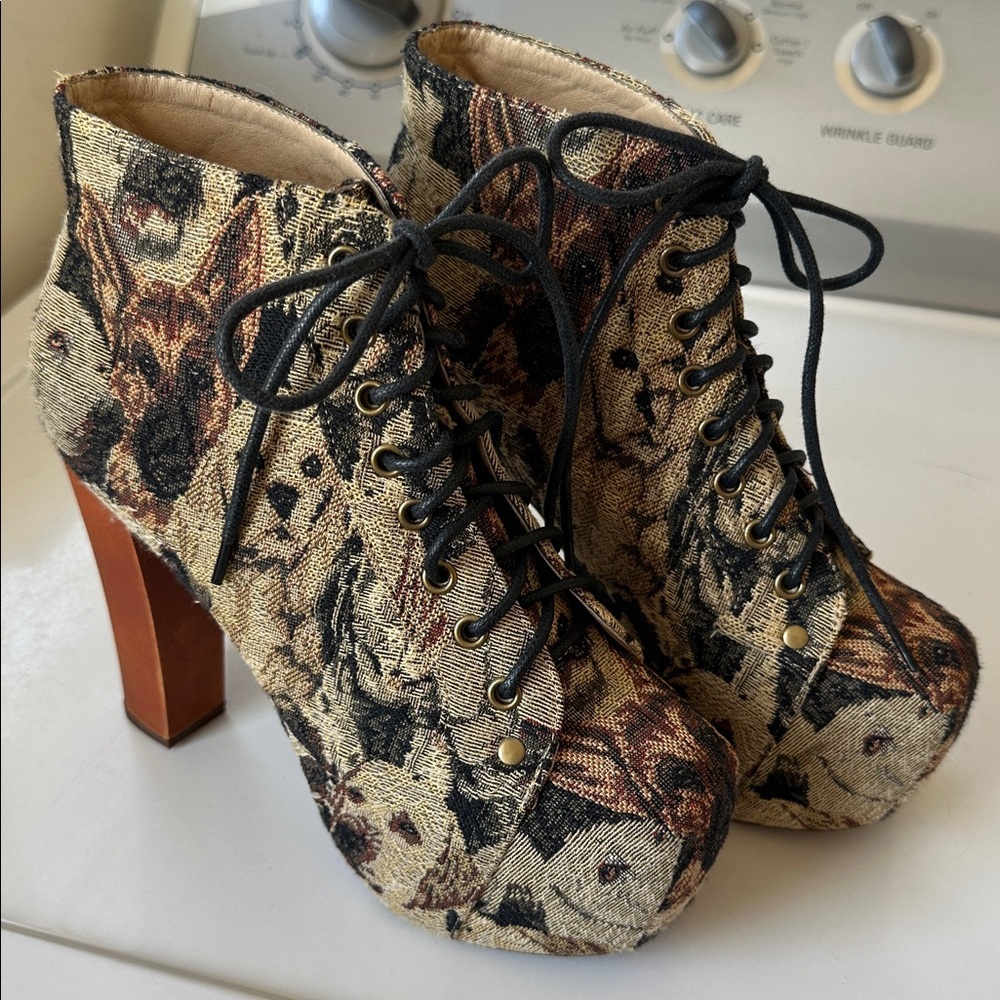 Jeffrey Campbell Lita Fab Platform Ankle Boots in Dog Tapestry Size 6 Lace Up - Picture 2 of 16